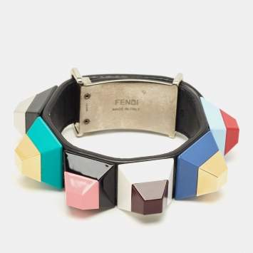 مملوكة مسبقًا Fendi Multicolor Studded Rainbow Resin Leather Two Tone Metal Bracelet