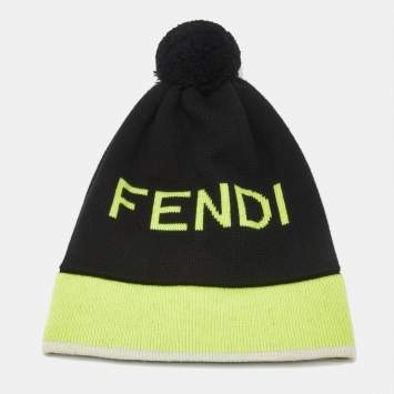 Pre Owned Fendi Black Logo Intarsia Wool Pom Pom Beanie 