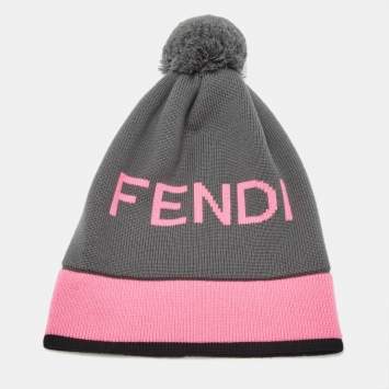 Pre Owned Fendi Black Logo Intarsia Wool Pom Pom Beanie 