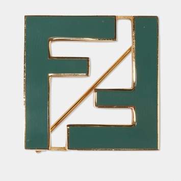 Pre Owned Fendi FF Green Enamel Gold Tone Brooch