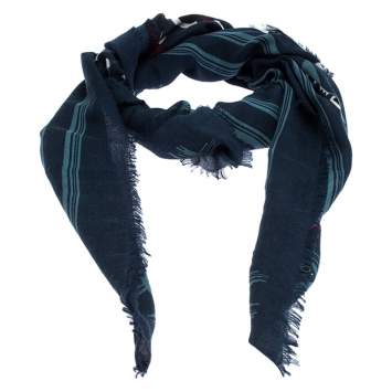 Pre Owned Fendi Blue Monster and Flowerland Flowers Print Silk Wool Square Scarf