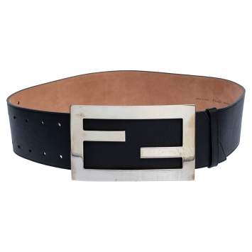 Pre Owned Fendi Black Leather FF Buckle Waist Belt 85CM