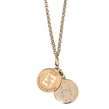 Pre Owned Fendi Crystal Letter Charm & ID Tag Pendant Rolo Chain Necklace