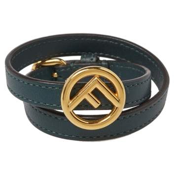 Pre Owned Fendi F Is Fendi Green Leather Gold Tone Double Wrap Bracelet S