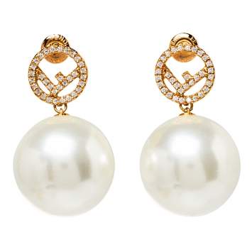 Pre Owned Fendi F is Fendi Crystal Logo Pearl Drop Earrings