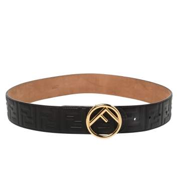 Pre Owned Fendi Black Zucca Embossed Leather  F Logo Belt 80CM
