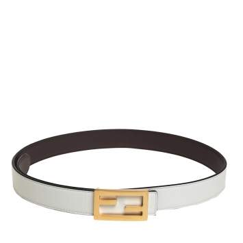 Pre Owned Fendi White/Chocolate Brown Leather Baguette Buckle Reversible Belt 90CM