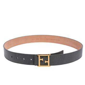 Pre Owned Fendi Grey Leather FF Logo Buckle Belt 90 CM