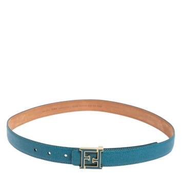Pre Owned Fendi Blue Leather FF Logo Buckle Belt 85 CM