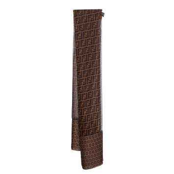 Pre Owned Fendi Brown Zucca Monogram Paneled Silk Scarf