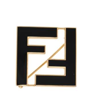 Pre Owned Fendi Gold Tone Black Enamel FF Pin Brooch