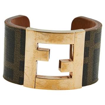 Pre Owned Fendi Zucca Canvas Gold Tone Open Cuff Bracelet