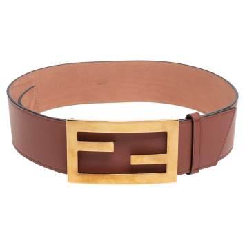 Pre Owned Fendi Brown Leather FF Buckle Wide Waist Belt 85CM
