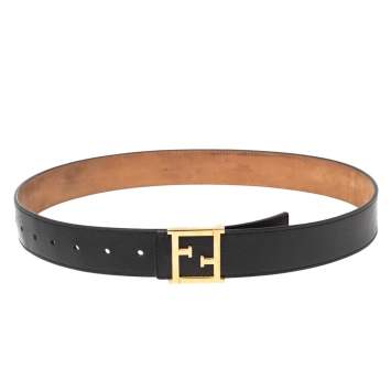 Pre Owned Fendi Black Leather FF Logo Buckle Belt 85CM