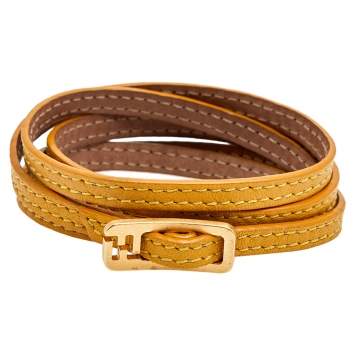 Pre Owned Fendi Yellow/Brown Reversible Leather "Ff" Logo Wrap Necklace Bracelet