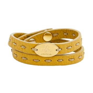 Pre Owned Fendi Yellow Selleria Leather Gold Tone Metal Double Wrap Bracelet