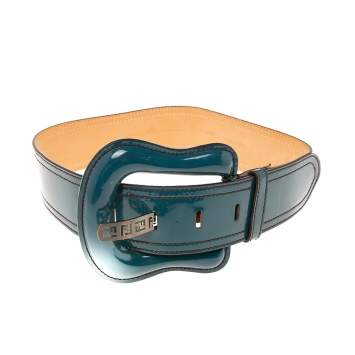Pre Owned Fendi Teal Green Patent Leather Waist B Buckle Belt 75 CM