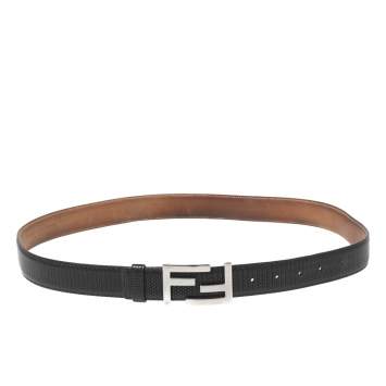 Pre Owned Fendi Black Textured Leather FF Logo Buckle Belt 105CM