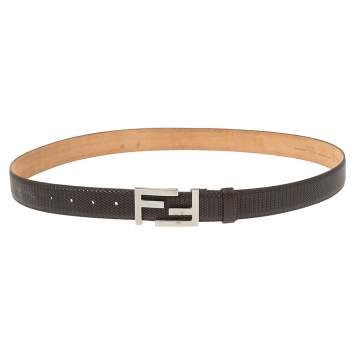 Pre Owned Fendi Dark Brown Textured Leather FF Logo Buckle Belt 105CM