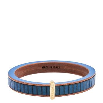 Pre Owned Fendi Wood Leather Gold Tone Metal Navy Blue Bangle Bracelet
