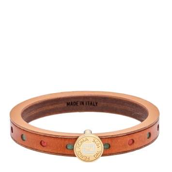 Pre Owned Fendi Wood Leather Multi Color Gold Tone Metal Bangle Bracelet