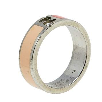 Pre Owned Fendi The Fendista Bi-color Enamel Silver Tone Band Ring Size 55