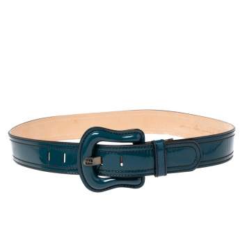 Pre Owned Fendi Teal Blue Patent Leather Buckle Waist Belt 90CM