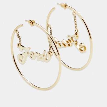 Pre Owned Fendi Logo Gold Tone Metal Hoop Earrings