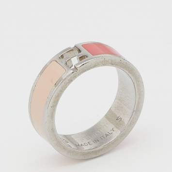 Pre Owned Fendi The Fendista Bi-color Enamel Silver Tone Band Ring Size 50