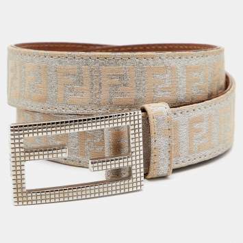 Pre Owned Fendi Beige/Silver Zucchino Canvas FF Buckle Belt 80 CM