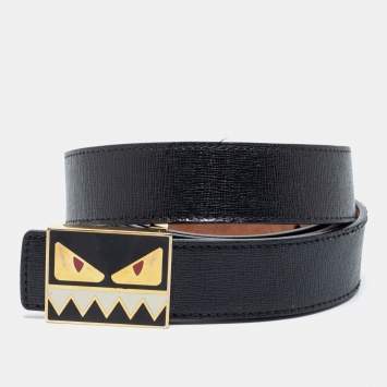 Pre Owned Fendi Black Leather Monster Buckle Belt 90 CM