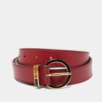 Pre Owned Fendi Red Leather Round Buckle Belt Size 90CM