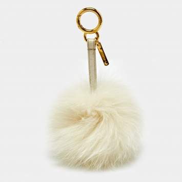 Pre Owned Fendi Off White Fox Fur and Leather Pom Pom Bag Charm
