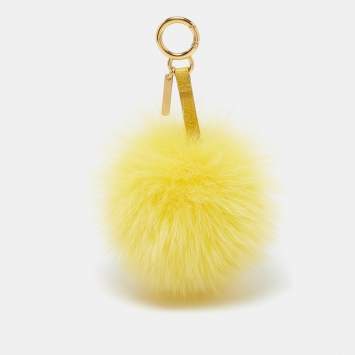Pre Owned Fendi Yellow Fox Fur Leather Gold Tone Pom Pom Bag Charm