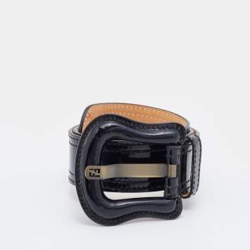 Pre Owned Fendi Black Patent Leather Buckle B Waist Belt 65CM
