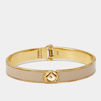 Pre Owned Fendi 'F is Fendi' Enamel Gold Tone Bracelet M