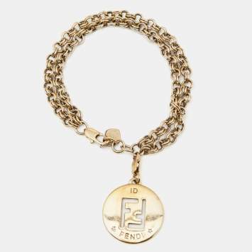 Pre Owned Fendi Gold Tone Double Chain Identification Charm Bracelet