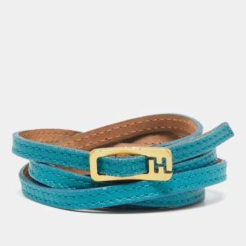 Pre Owned Fendi Teal Blue Leather Multi Wrap Bracelet