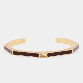 Pre Owned Fendi Baguette Enamel Gold Tone Open Cuff Bracelet M