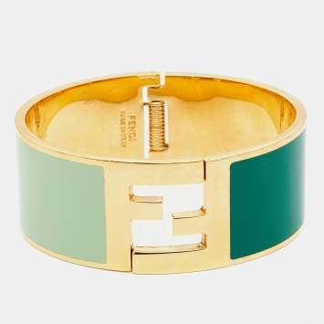 Pre Owned Fendi Fendista Bi-color Enamel Gold Tone Wide Bracelet S