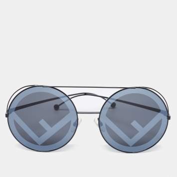 Pre Owned Fendi Black Tone/Grey Logo Mirrored FF 0285/S Round Sunglasses
