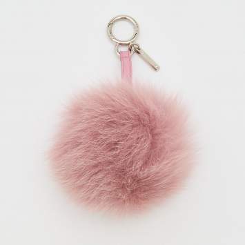 Pre Owned Fendi Dusty Pink Pom Pom Fur and Leather Bag Charm