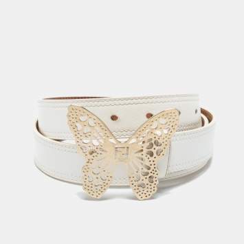 Pre Owned Fendi White Leather Butterfly Buckle Belt 90 CM