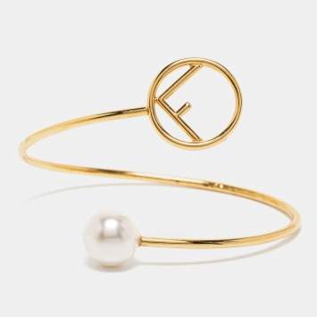 Pre Owned Fendi F is Fendi Faux Pearl Gold Tone Cuff Bracelet