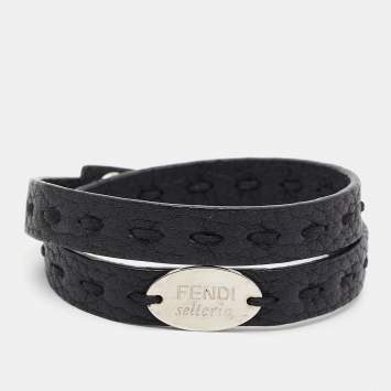 Pre Owned Fendi Selleria Black Leather Silver Tone Double Wrap Bracelet