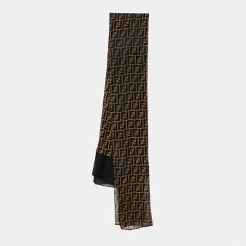 Pre Owned Fendi Brown & Black Zucca Monogram Double Layer Silk Scarf