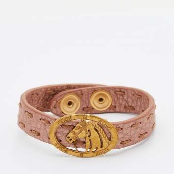 Pre Owned Fendi Metallic Dusty Pink Leather Selleria Horse Motif Wrap Bracelet