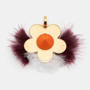 Pre Owned Fendi Flower Fox Fur Resin Gold Tone Bag Charm