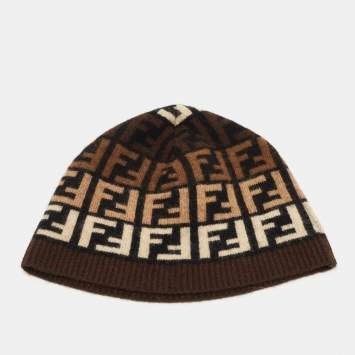 Pre Owned Fendi Brown Zucca FF Logo Wool Blend Beanie
