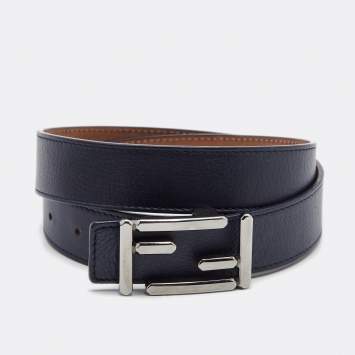 Pre Owned Fendi Navy Blue Leather FF Buckle Belt 